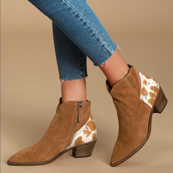 NEW Dolce Vita Senica Brown Suede Leather Cow Print Ankle Boots - Picture 3 of 10